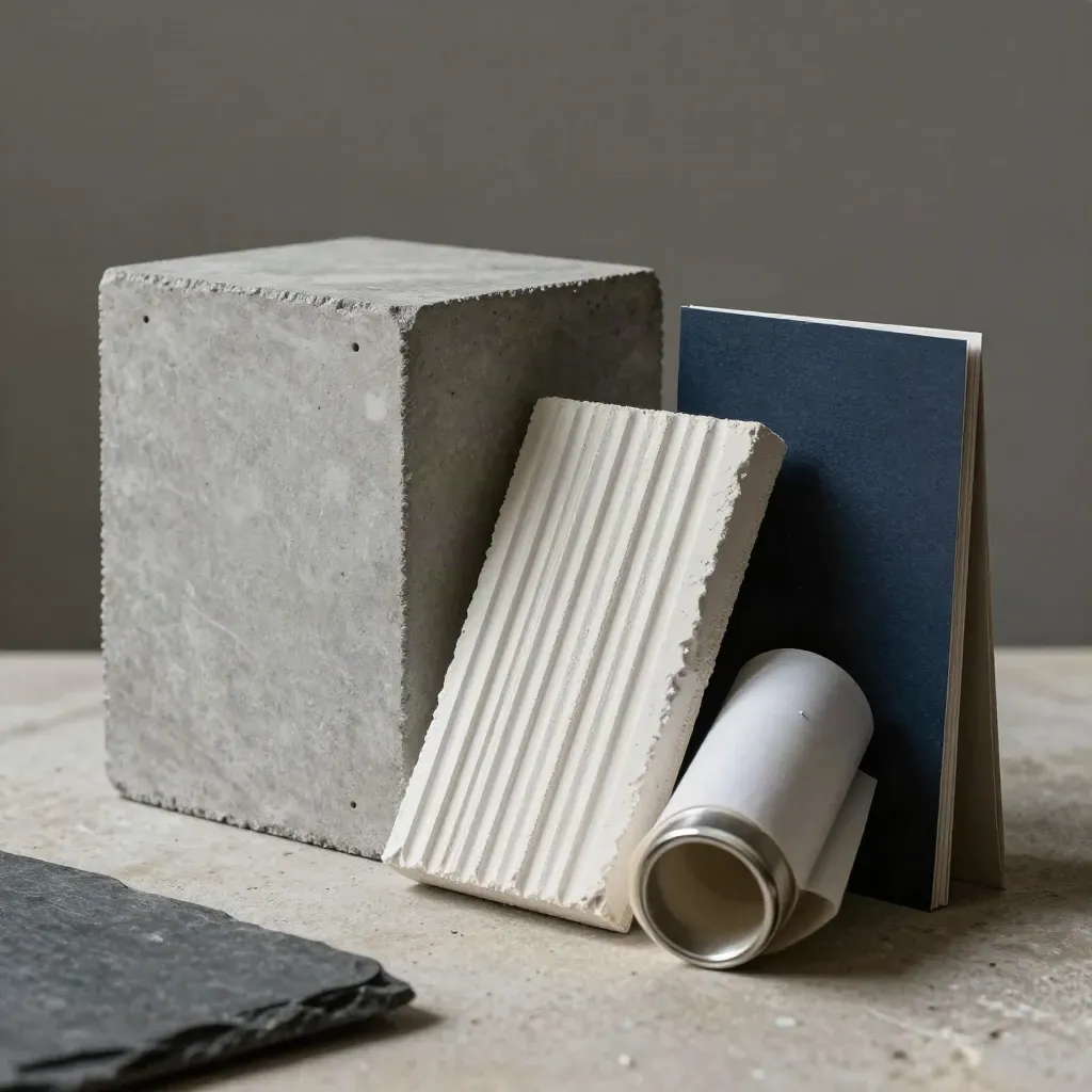 Campioni architettonici in pietra, gesso e carta con accento navy su fondo scuro.