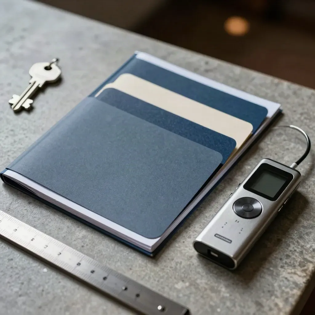 Tab modulari, registratore vocale e cartella sigillata su pietra scura, luce drammatica.
