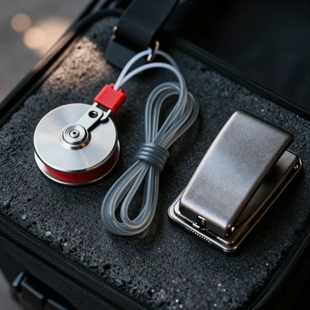 Strumenti per eventi e comunicazione su pietra scura: badge reel, fascette e perforatore metallico.