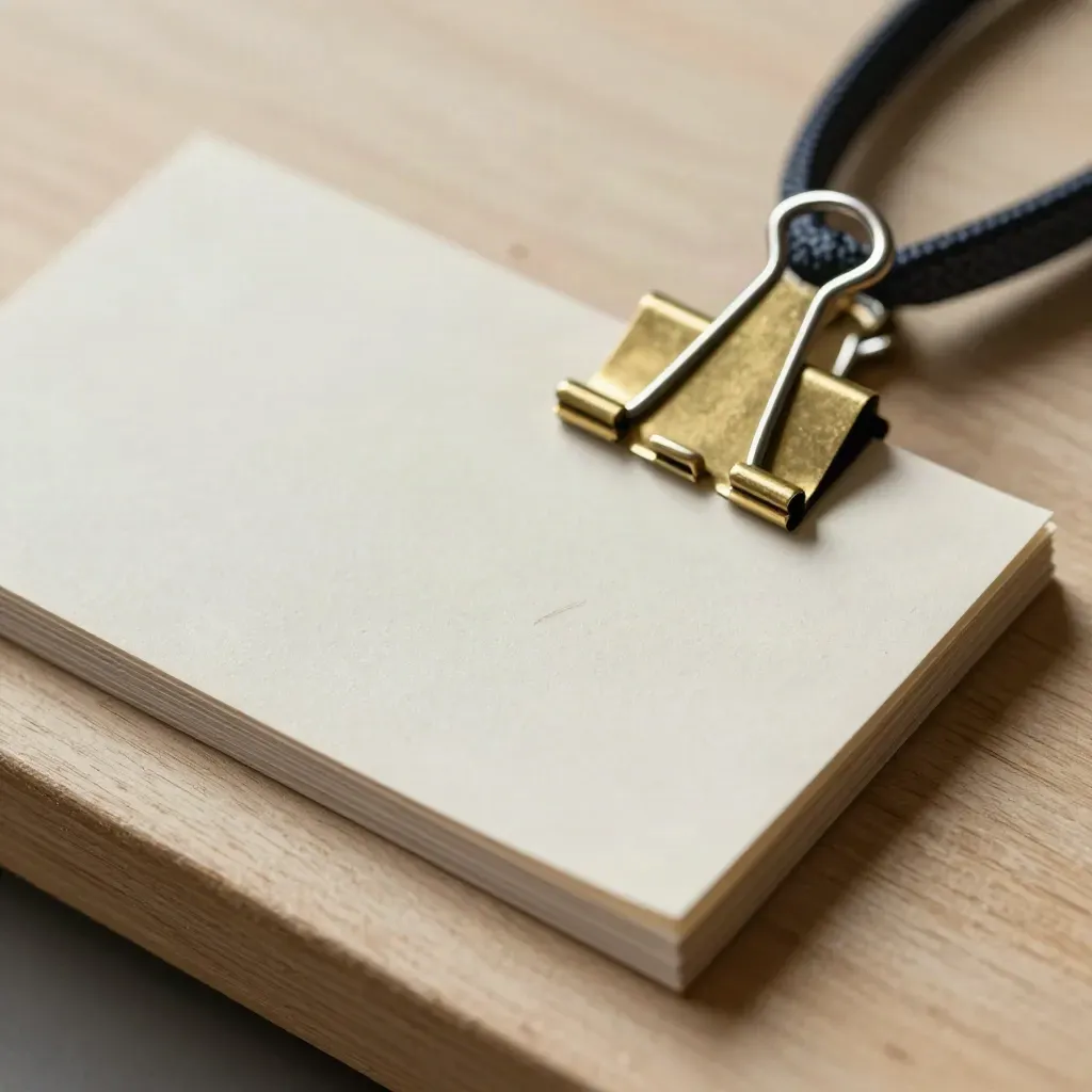 Pass evento, clip in ottone e lanyard su legno chiaro, luce radente, atmosfera editoriale.