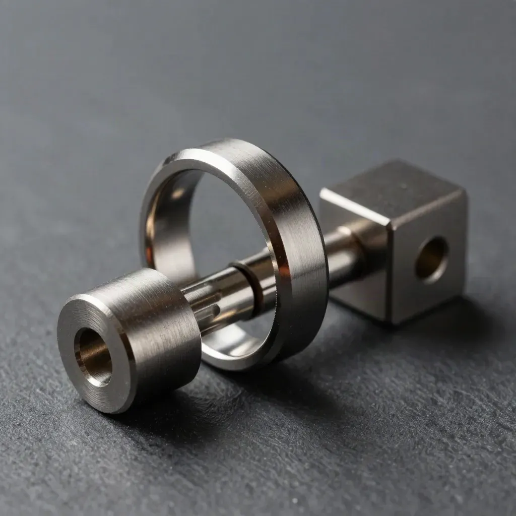 Anelli metallici e moduli connettori su superficie grafite, luce drammatica e dettagli tecnici.