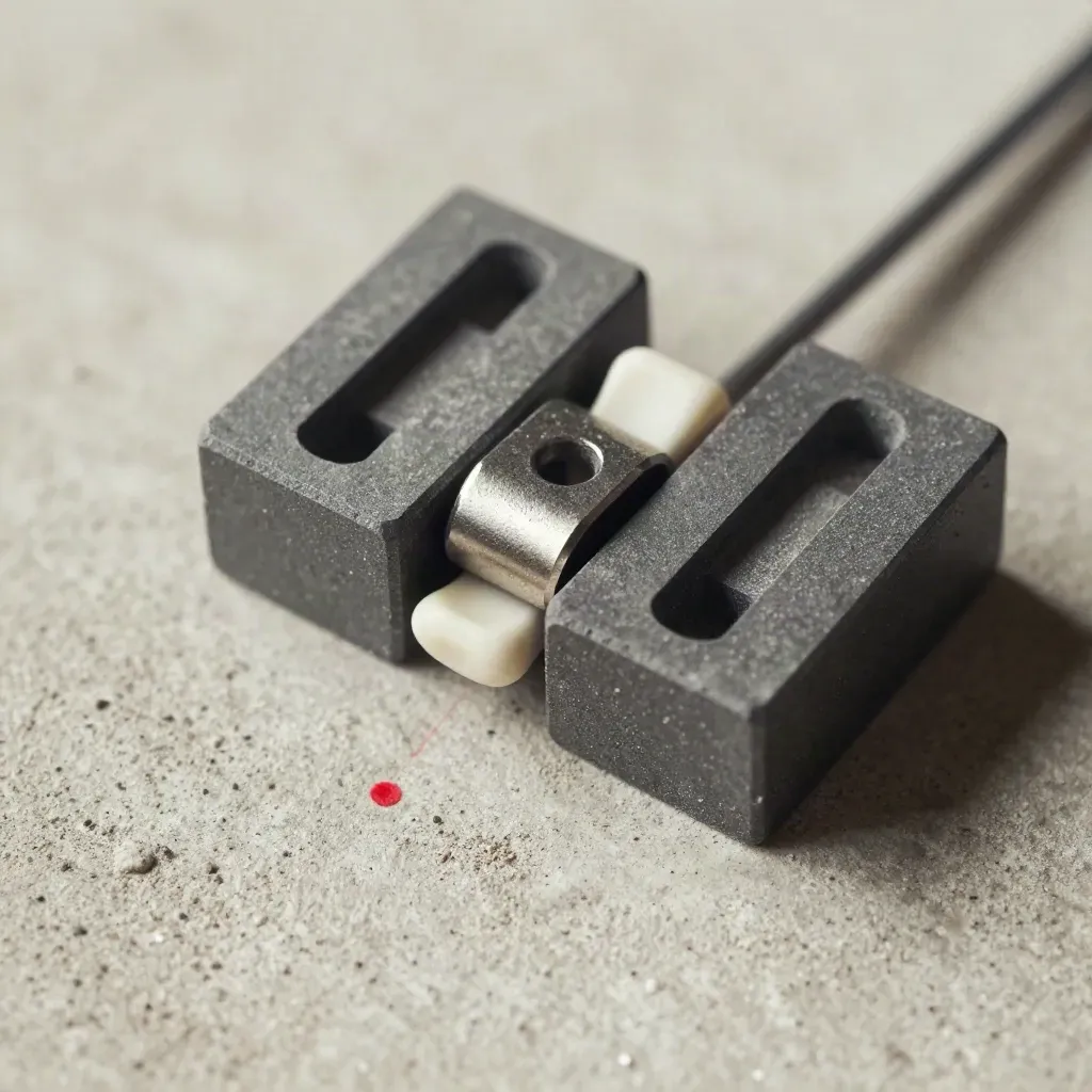 Macro dall'alto di blocchi modulari, distanziatore in ceramica e giunto in acciaio su cemento chiaro.