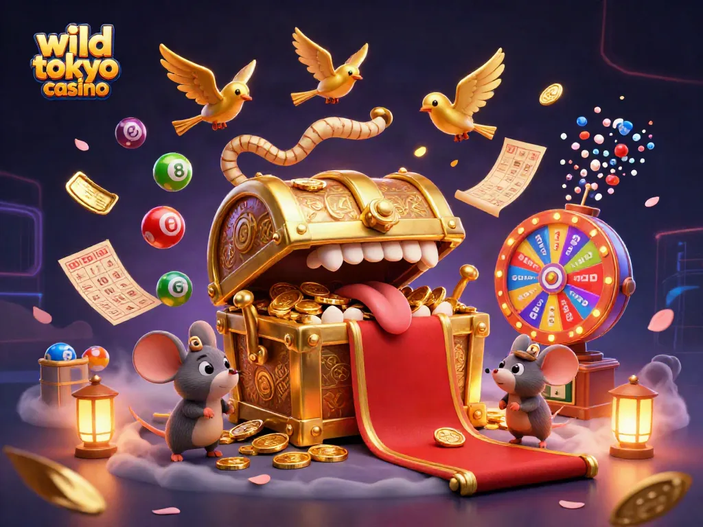 Experience excitement at wild tokyo casino with vibrant lottery elements, a treasure chest, and game symbols.